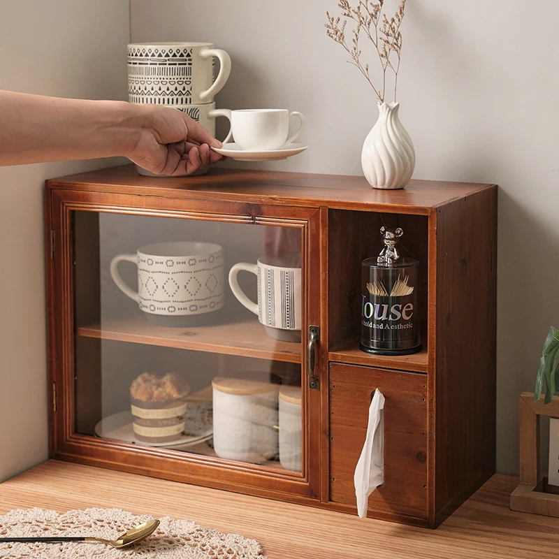 复古实木收纳盒餐边柜茶具茶杯置物架抽屉式防尘收纳柜带纸巾盒