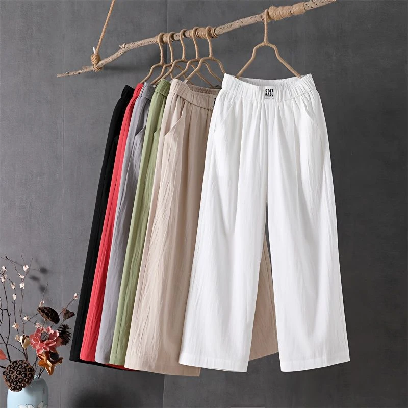 夏季薄款裤子棉麻休闲裤女直筒高腰宽松大码显瘦百搭韩版九分裤女