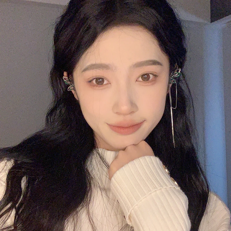 绿野仙踪蝴蝶流苏不对称耳夹精灵耳饰绿色耳骨夹无耳洞女