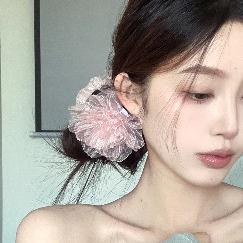oushipei/欧诗佩欧根纱山茶花朵抓夹发夹侧马尾发卡纯欲风配饰女