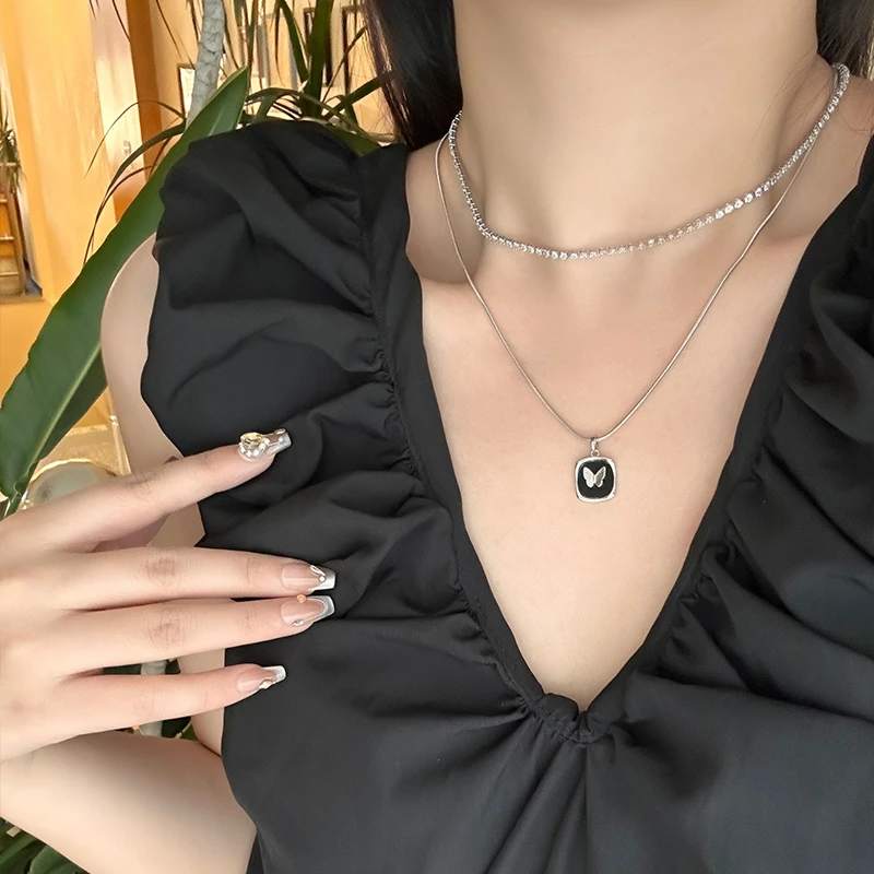 oushipei/欧诗佩 铜合金项链 蝴蝶双层叠戴滴油项链女卫衣链配饰