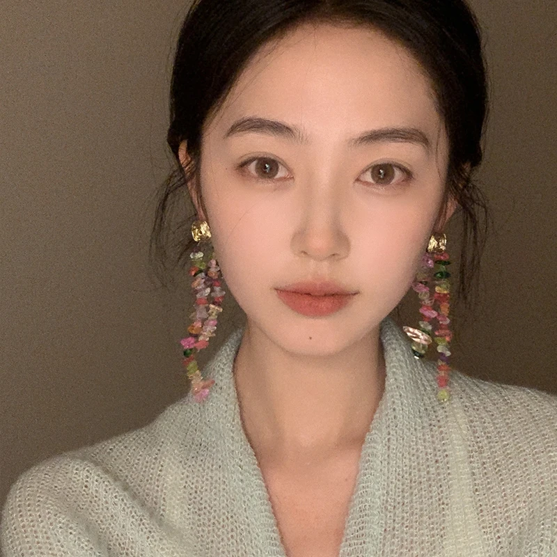 oushipei/欧诗佩 铜合金仿水晶耳饰 法式复古彩色石长款耳环