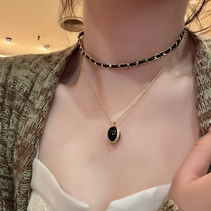 oushipei/欧诗佩 铜合金皮质项链 气质夸张黑金色皮质编织项链女