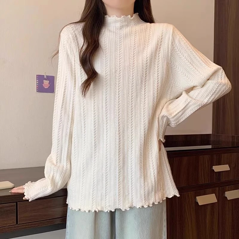 木耳边半高领针织衫女秋季新款大码80-180斤显瘦内搭毛衣打底衫