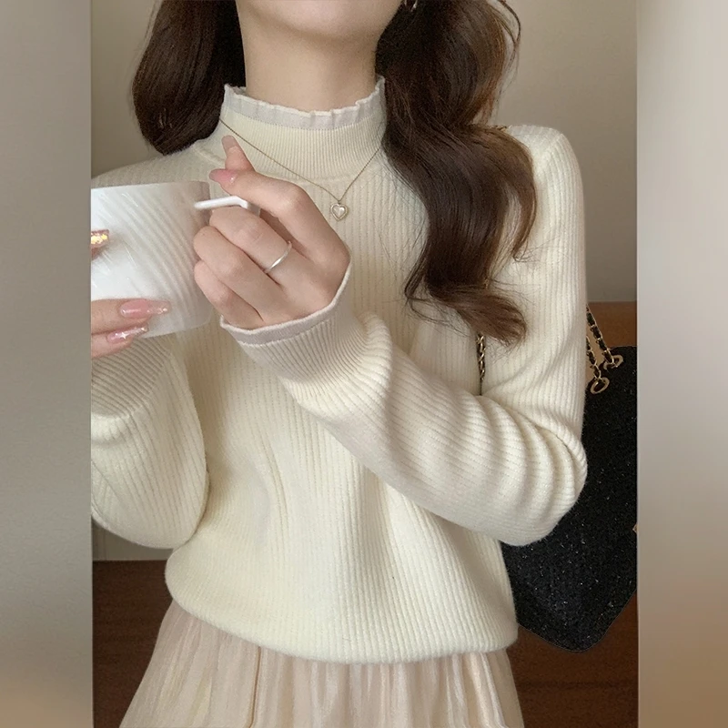 半高领毛衣女秋冬针织打底衫蕾丝拼接一体绒加厚秋装内搭保暖上衣