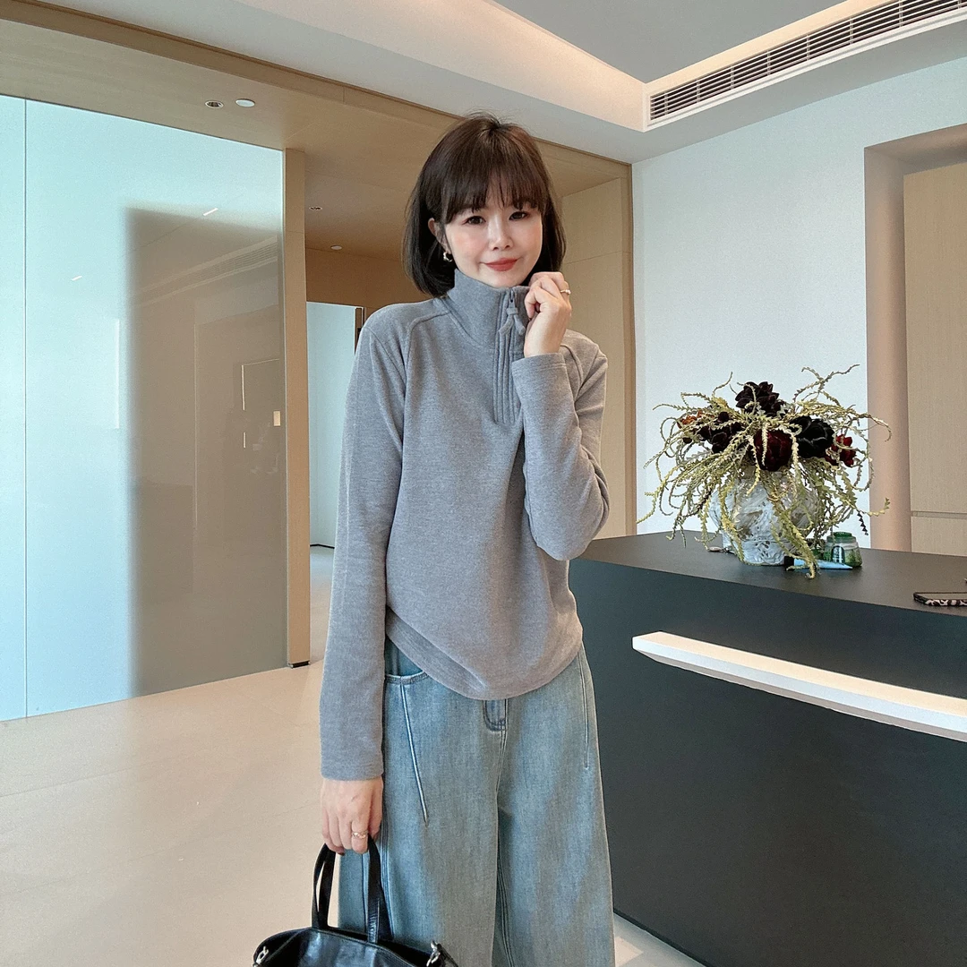 秋冬双面绒软糯加厚立领半拉链磨毛自发热长袖T恤打底衫