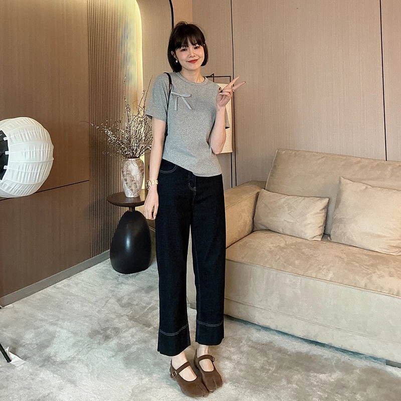 咔呐咪~高腰九分窄版韩版显瘦直筒牛仔裤九分宽边烟管裤