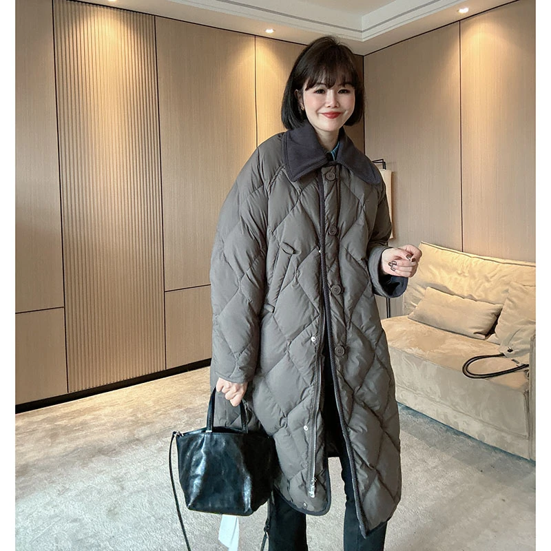 冬季菱形格加厚保暖长袖外套复古翻领羽绒服