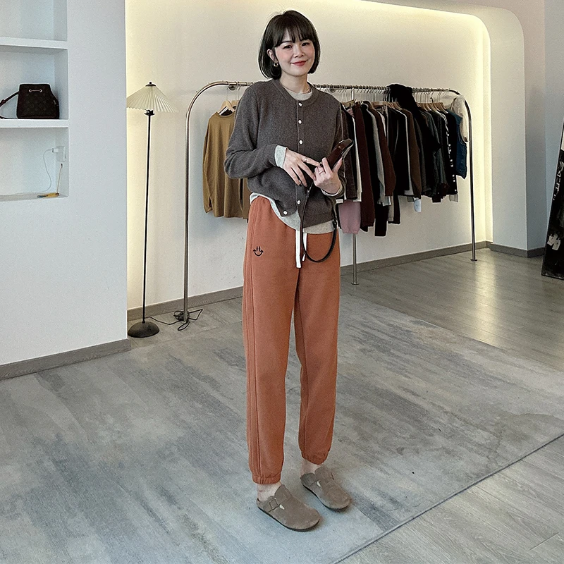 加厚加绒保暖休闲刺绣笑脸高腰显瘦时尚卫裤休闲裤哈伦裤