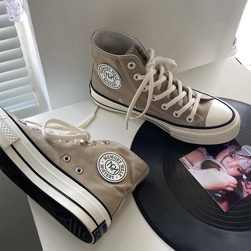 韩版四季可穿经典款高帮圆标帆布鞋