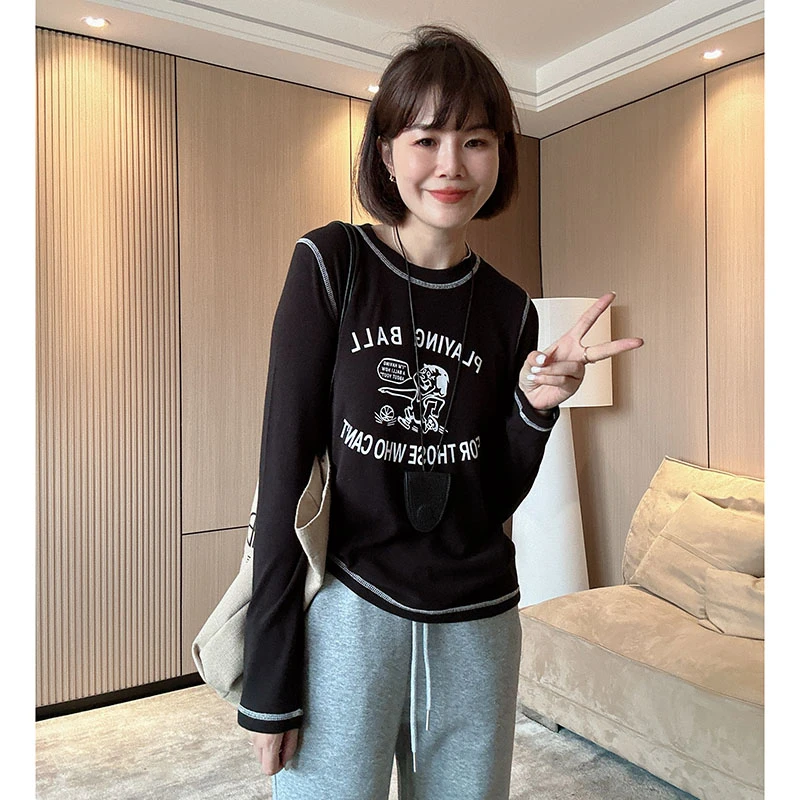 美式复古卡通字母设计小众圆领宽松显瘦弹力长袖T恤打底衫