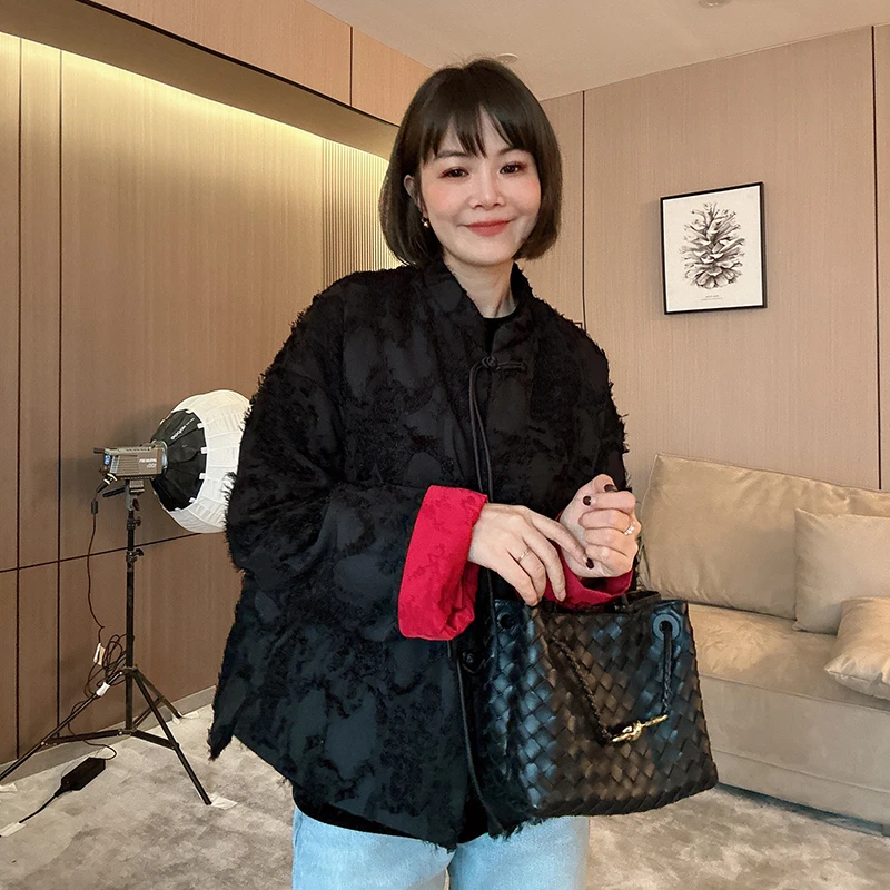 中国风宽松新中式国风系带撞色夹棉外套