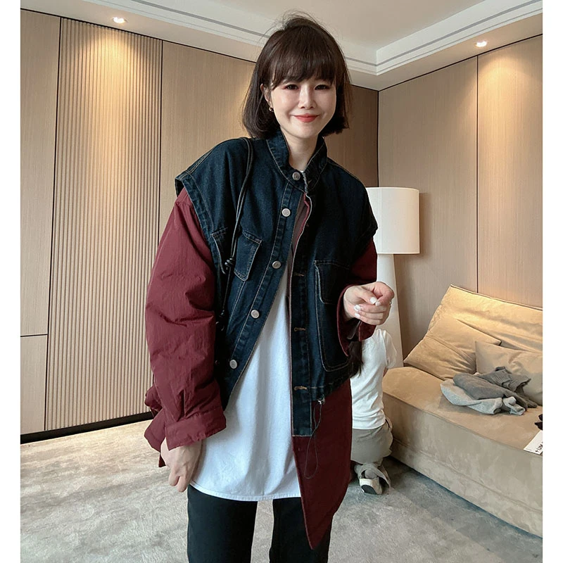 24年冬装新款慵懒风牛仔马夹撞色拼接洋气时尚立领棉衣外套