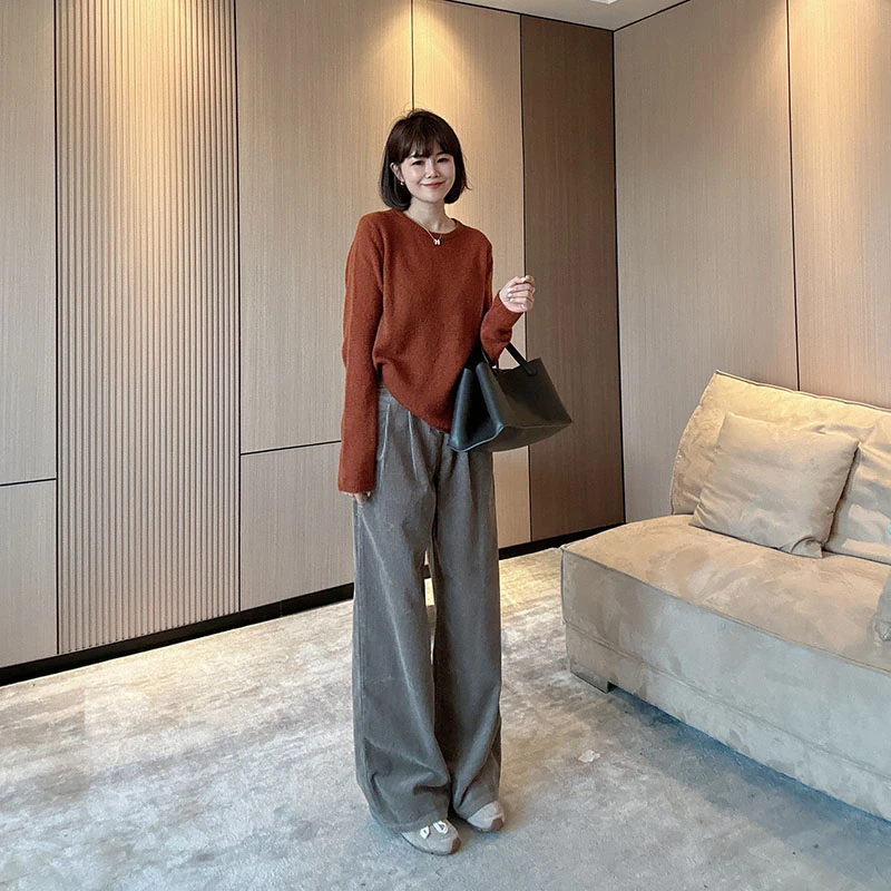 复古高腰直筒宽松休闲灯芯绒阔腿裤长裤拖地裤