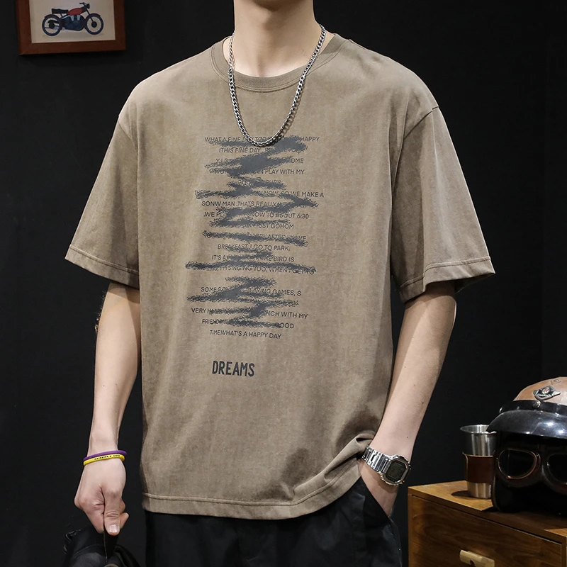 路约威格男士美式潮牌复古短袖t恤新款短袖大码夏季圆领重磅体恤