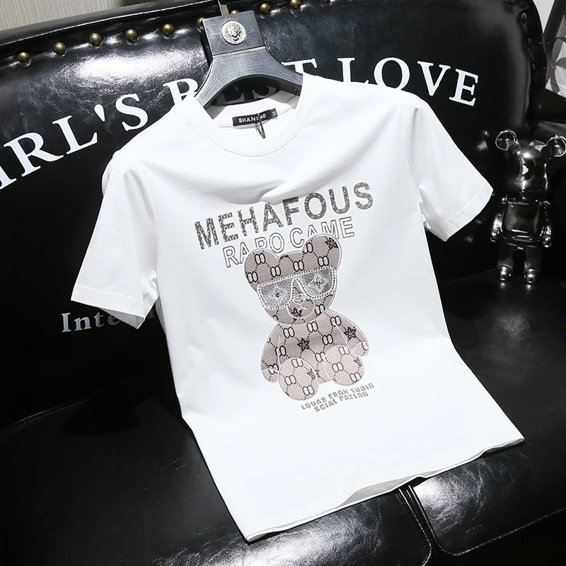 路约威格男士夏季卡通小熊短袖t恤潮流圆领棉新款夏季白色修身T