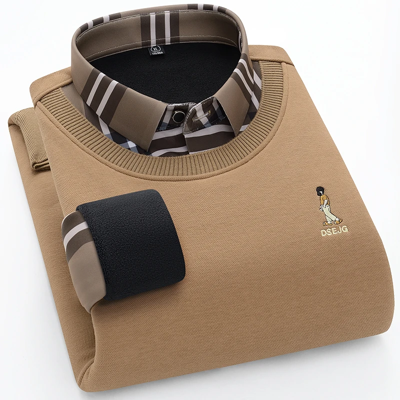 路约威格冬季潮流假两件针织衫圆领套头男士休闲加绒加厚保暖衬衫