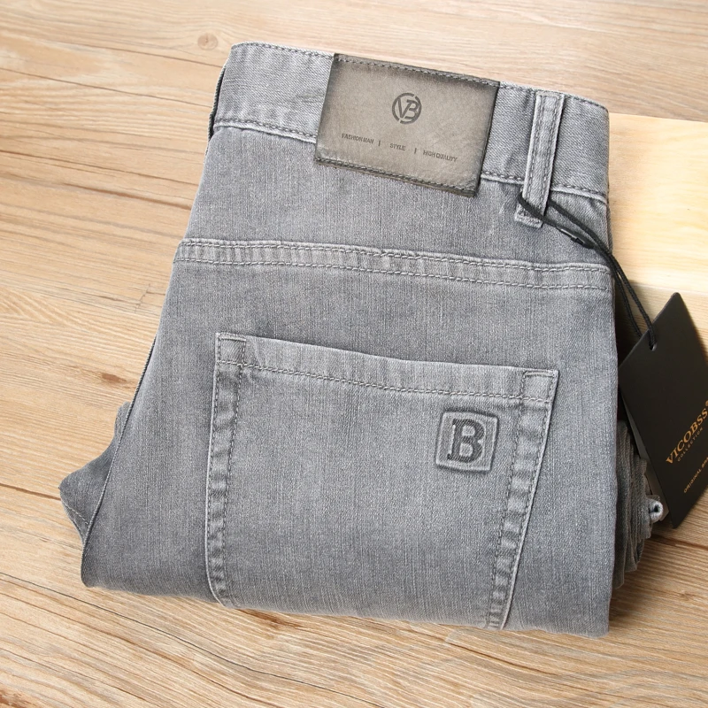 路约威格男士夏季新品高级灰色牛仔裤薄轻奢商务休闲直筒长裤百搭