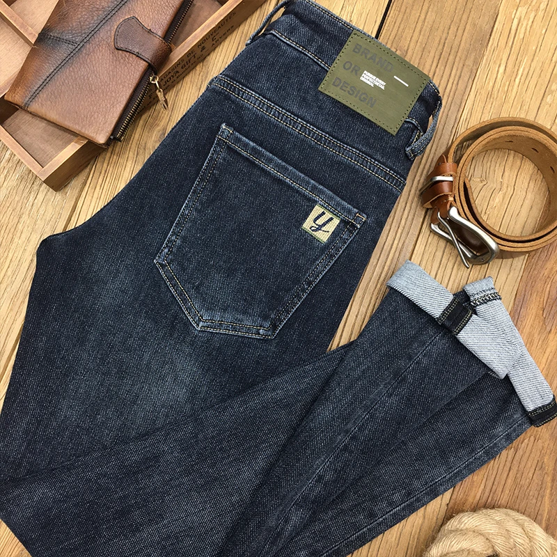 路约威格柔软印花牛仔裤男秋冬厚款弹力潮流蓝灰色修身小脚长裤