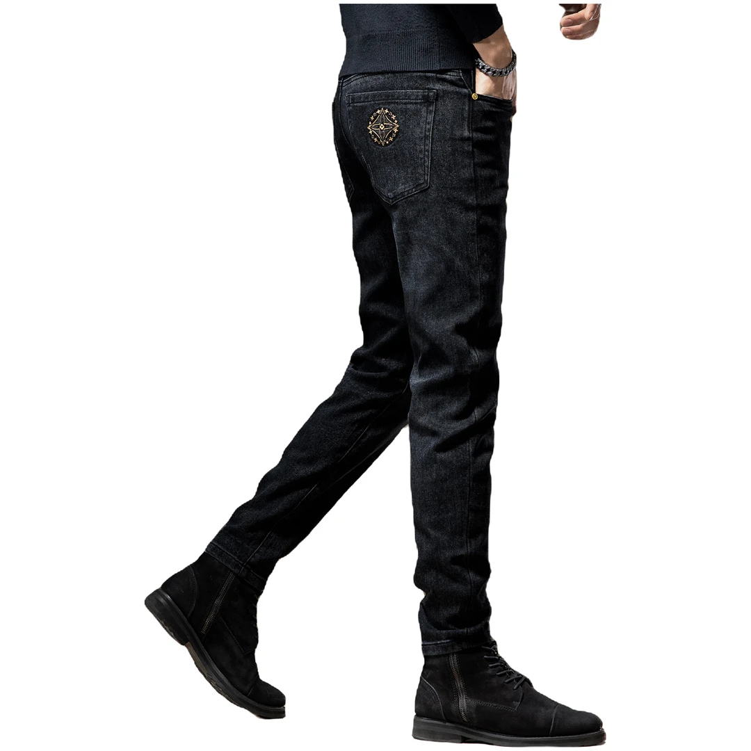 路约威格秋冬季新款高端潮牌印花牛仔裤加绒弹力休闲修身小脚裤男