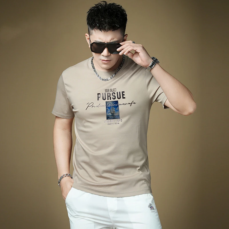 路约威格男士夏季新款80支匹马棉高端短袖T恤冰丝修身时尚百搭T恤