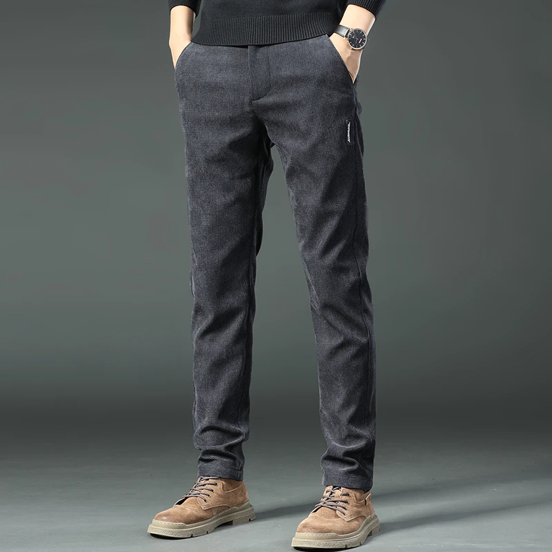 路约威格华夫格高端休闲裤男秋冬季潮流修身直筒商务西裤加绒长裤