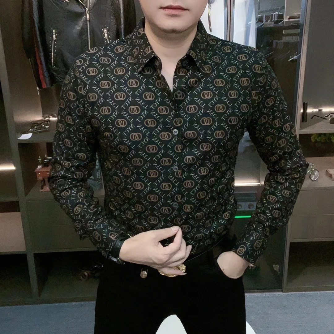 2023男生时尚休闲打底百搭网红秋冬印花秋季翻领长袖