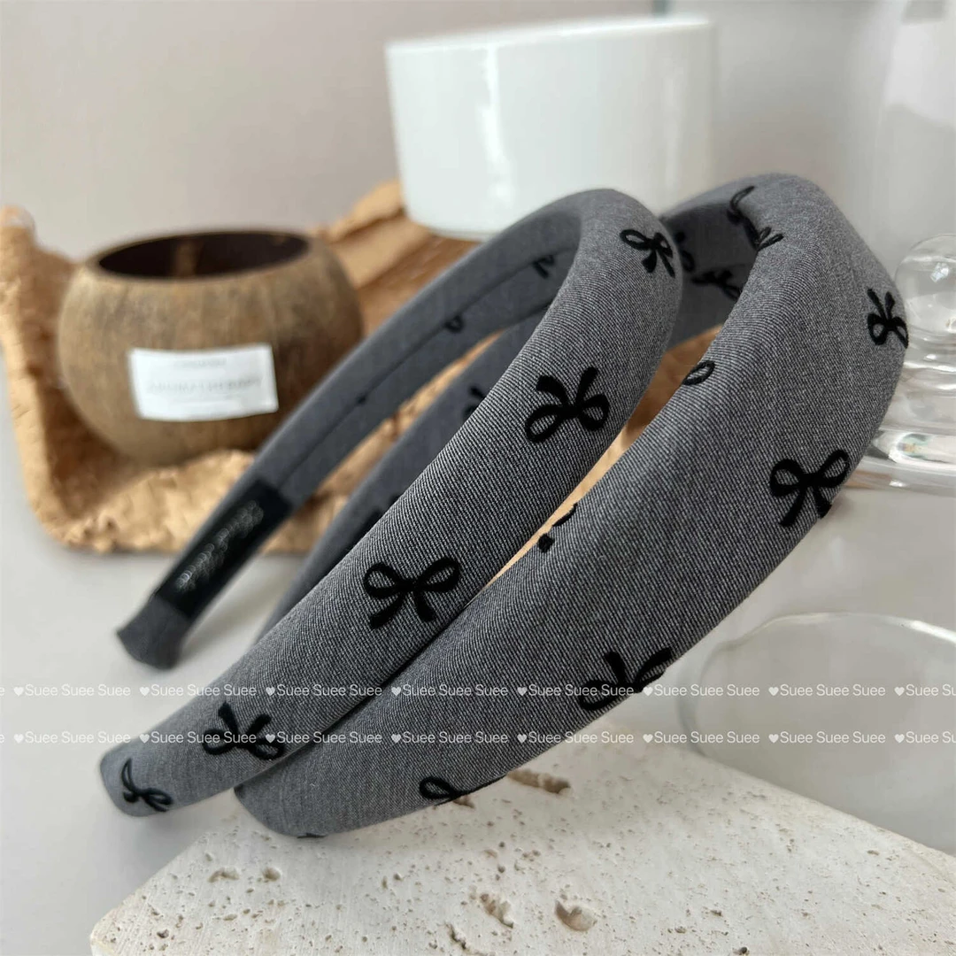 2个装灰色植绒蝴蝶结可爱简约发箍小香风时尚发卡宽版法式头箍