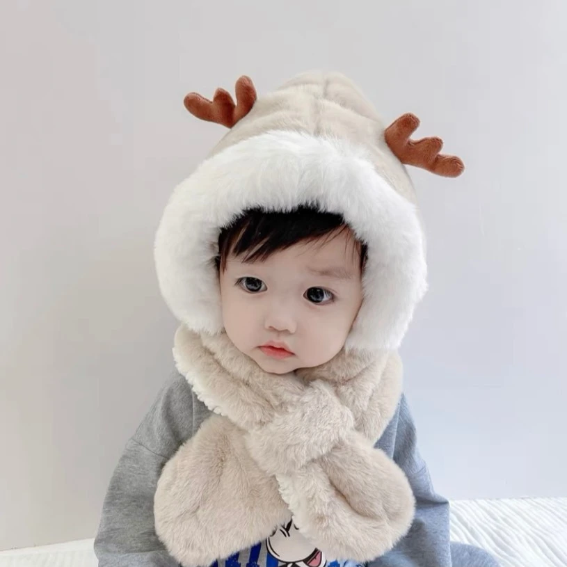 保暖儿童帽子围巾一体冬季男女童加厚保暖宝宝毛绒防风护耳帽q