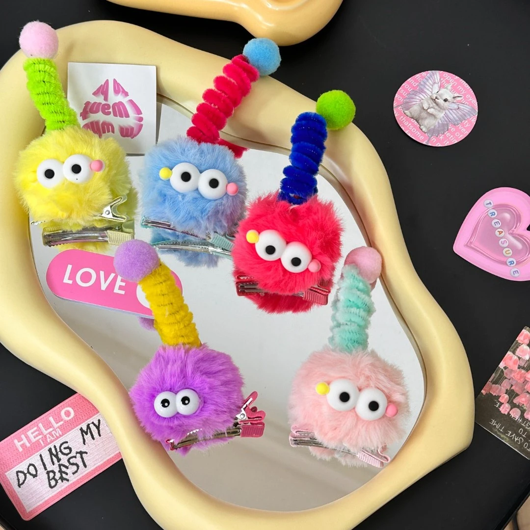 5个装可爱大眼毛球发夹女炸毛丑娃娃刘海边夹侧边鸭嘴夹搞怪头饰