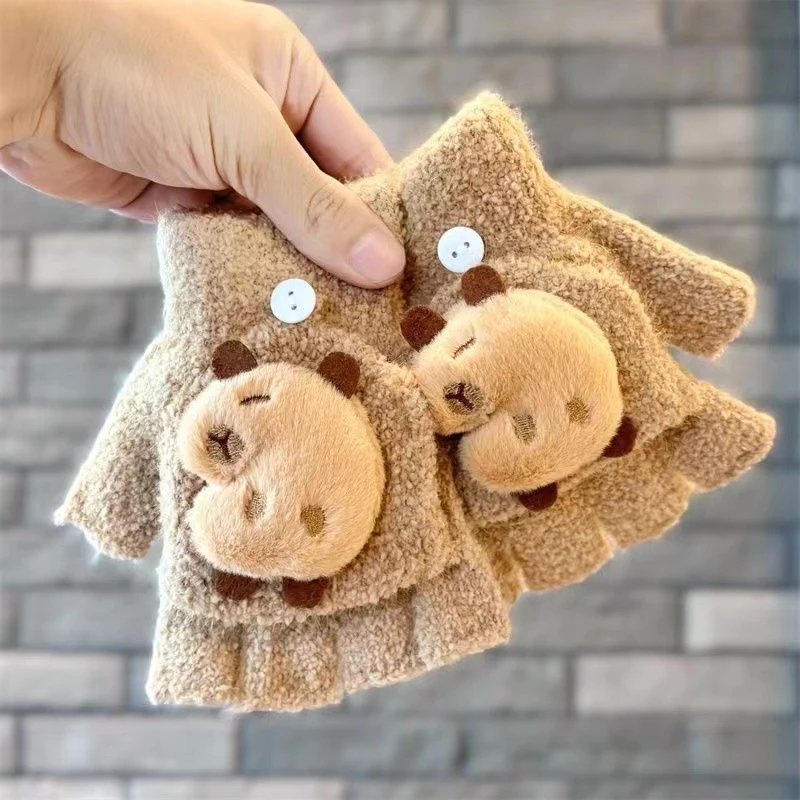 卡皮巴拉儿童卡通手套保暖加绒加厚手套毛绒翻盖半指手套Z