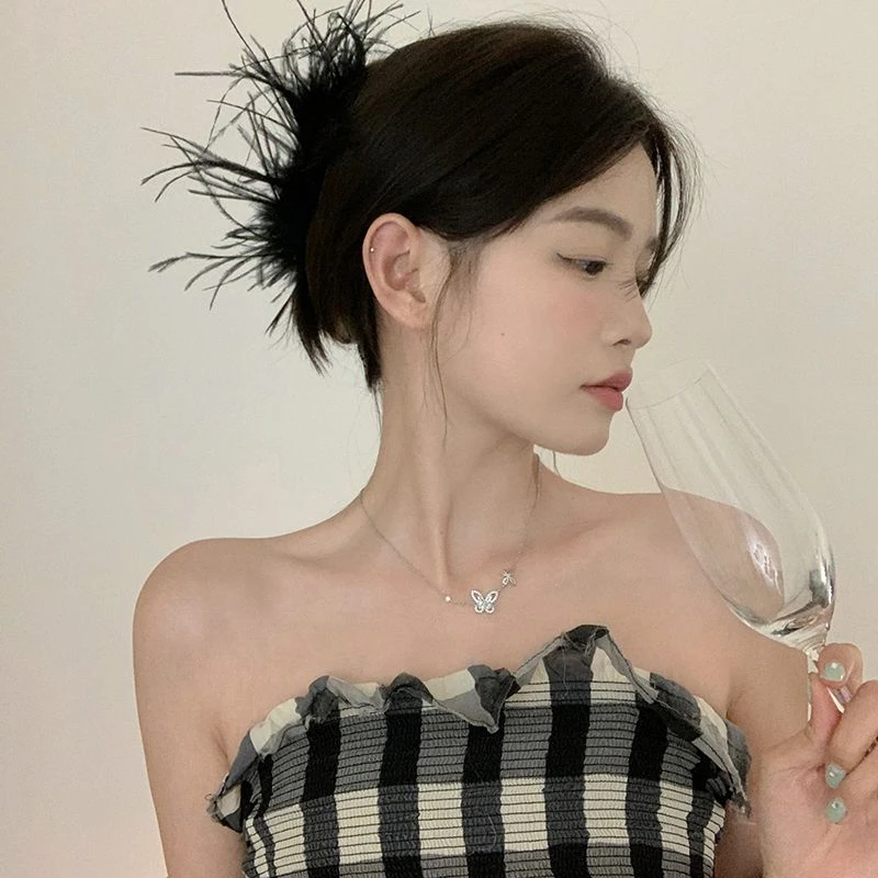 羽毛发饰 超仙羽毛抓夹女小众设计感高级鲨鱼夹子头饰品发卡shq