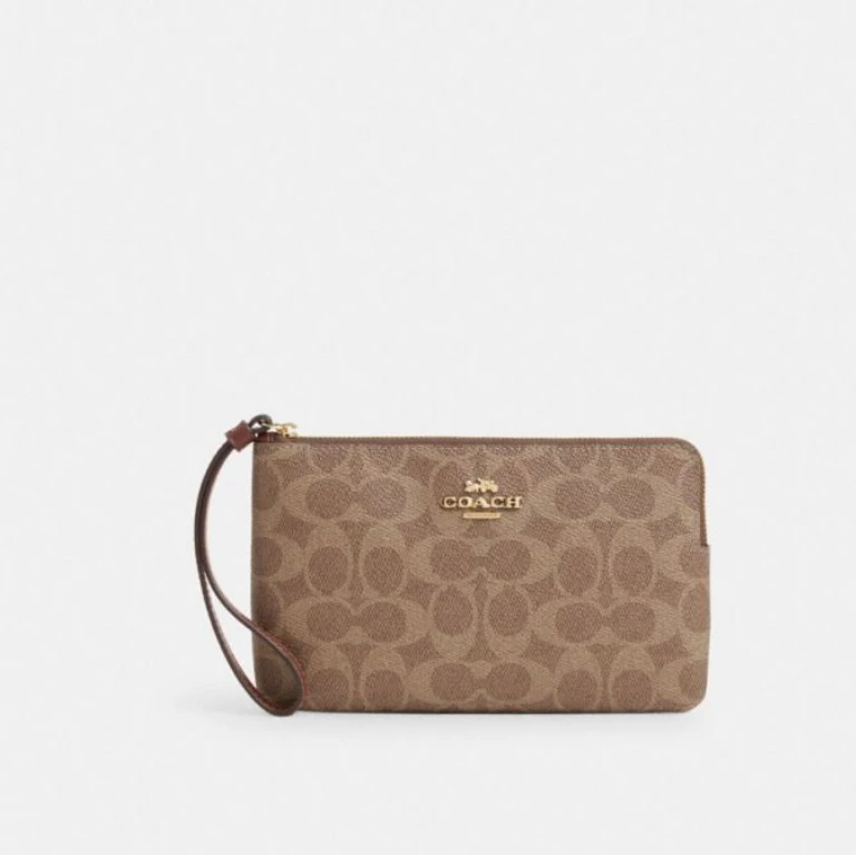 COACH/蔻驰Large Corner棕黄色经典标志拉链腕包手拿包