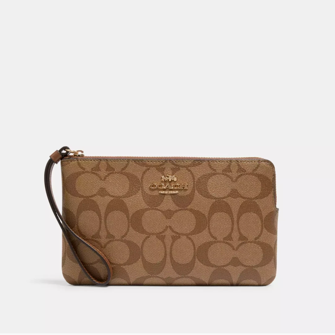 COACH/蔻驰Large Corner Zip卡其色经典老花大号手拿包  清仓微瑕