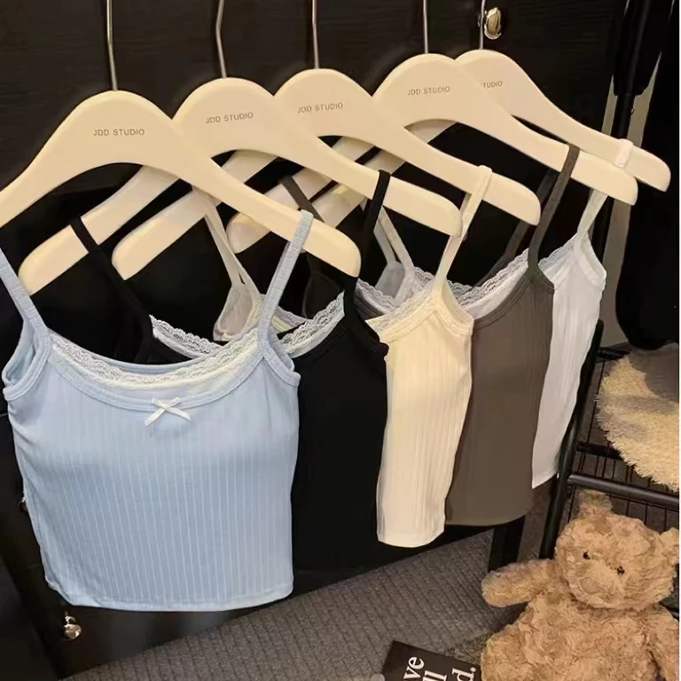 1082纯欲假两件细肩带坑条带胸垫夏季蕾丝美背