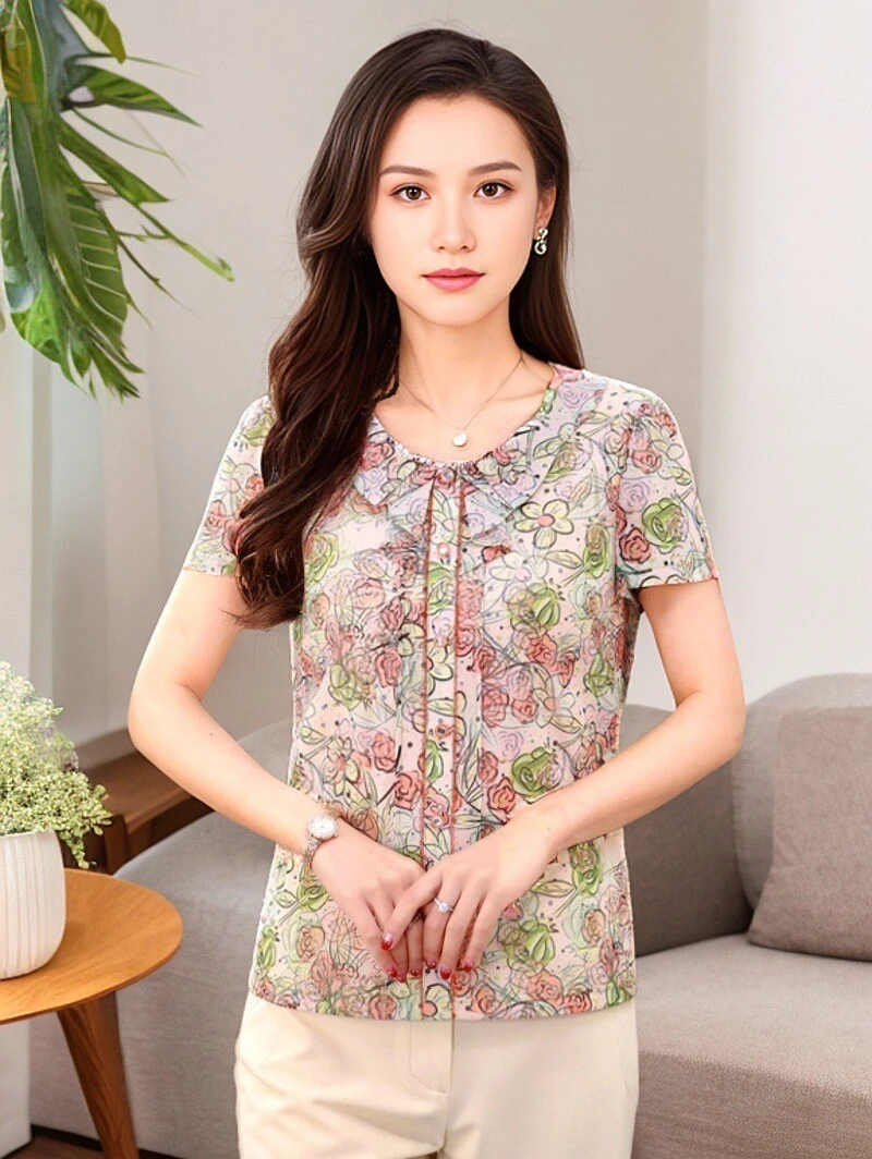 新款时尚中年洋气女装上衣薄短袖速干透气台湾网纱气质妈妈装