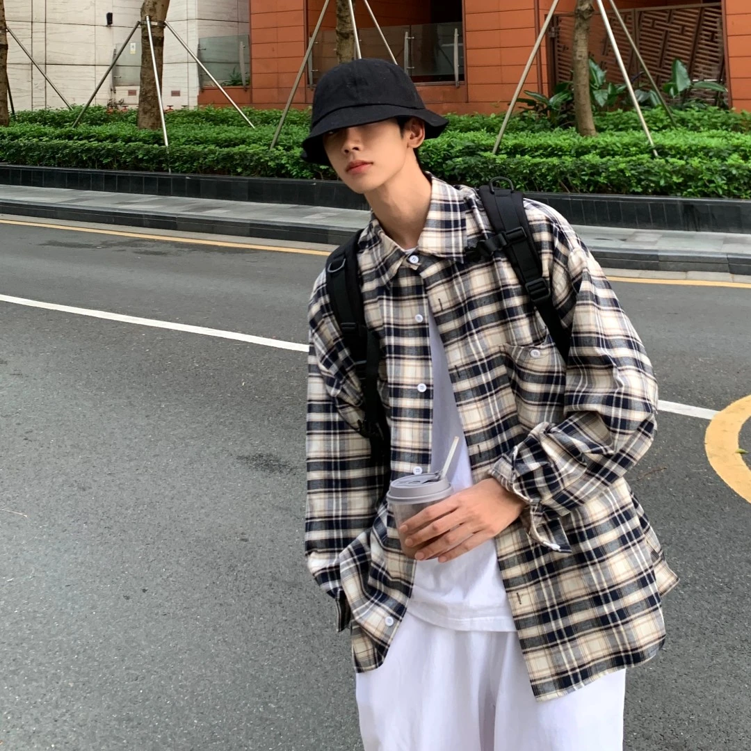 【小王家】秋季休闲宽松韩版百搭ins日系复古潮流港风格子衬衫衬衣