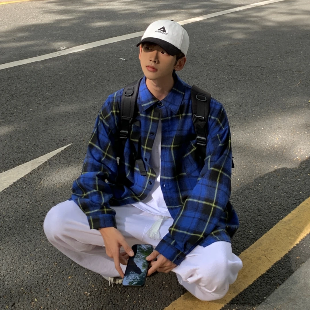 【小王家】秋季蓝复古宽松潮流港风韩版百搭休闲ins格子长袖衬衫男