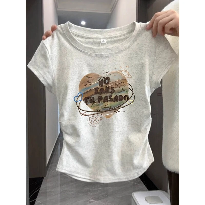 大码胖mm夏季正肩短袖T恤女士设计感印花别致抽褶修身显瘦短上衣