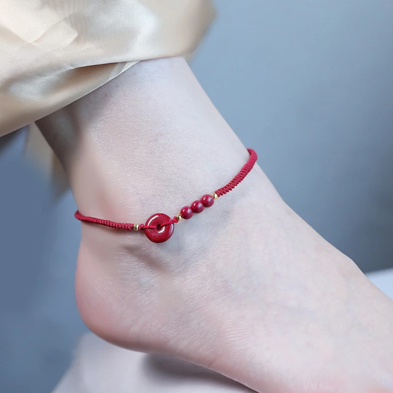 含辰砂工艺品朱砂平安扣脚链紫金砂三才圆满平平安安脚链可调节