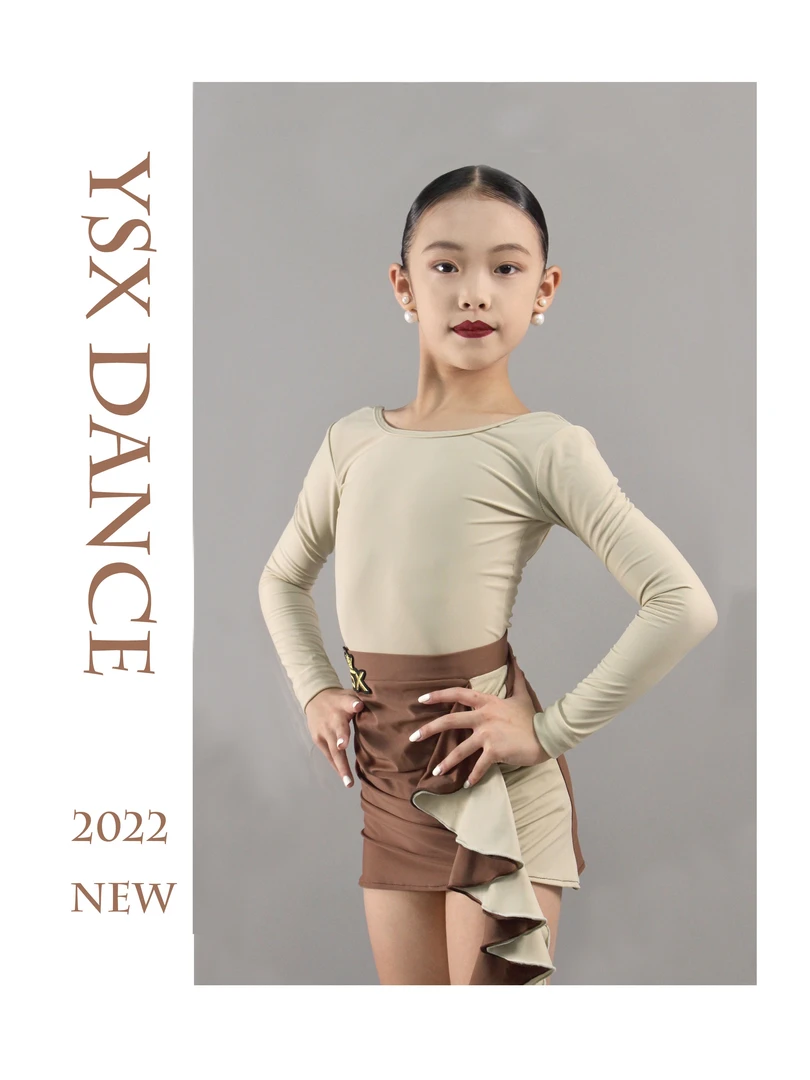 YSX DANCE秋冬新款儿童拉丁舞练习套装分体荷叶边装饰奶茶色系