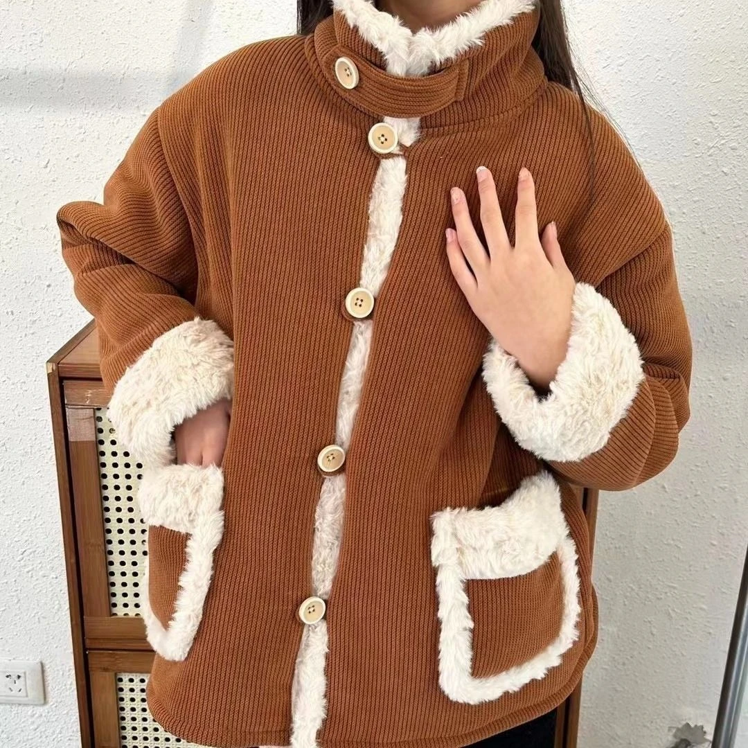 爆款保暖复古灯芯绒三层夹棉加厚休闲北极绒大口袋套装家居服翻领