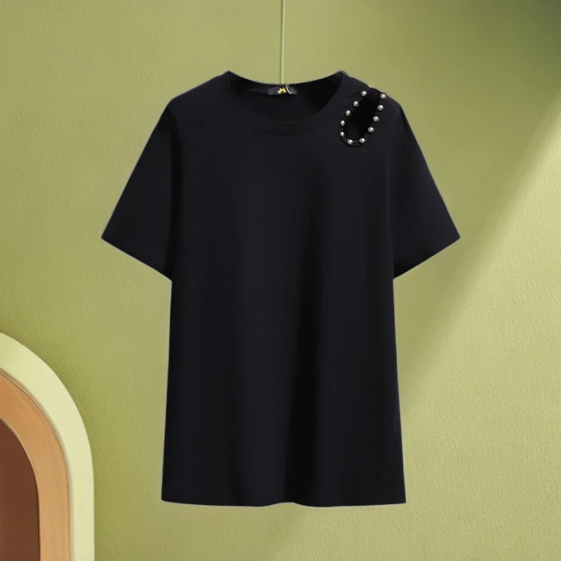 豫行320斤加大码女装镂空休闲T恤夏季新款胖妹妹个性钉扣短袖上衣