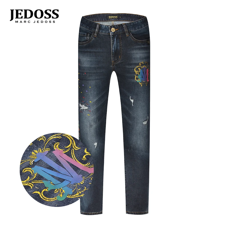 JEDOSS/爵迪斯水洗男装轻奢炫彩字母印花烫金修身牛仔裤破洞YH200