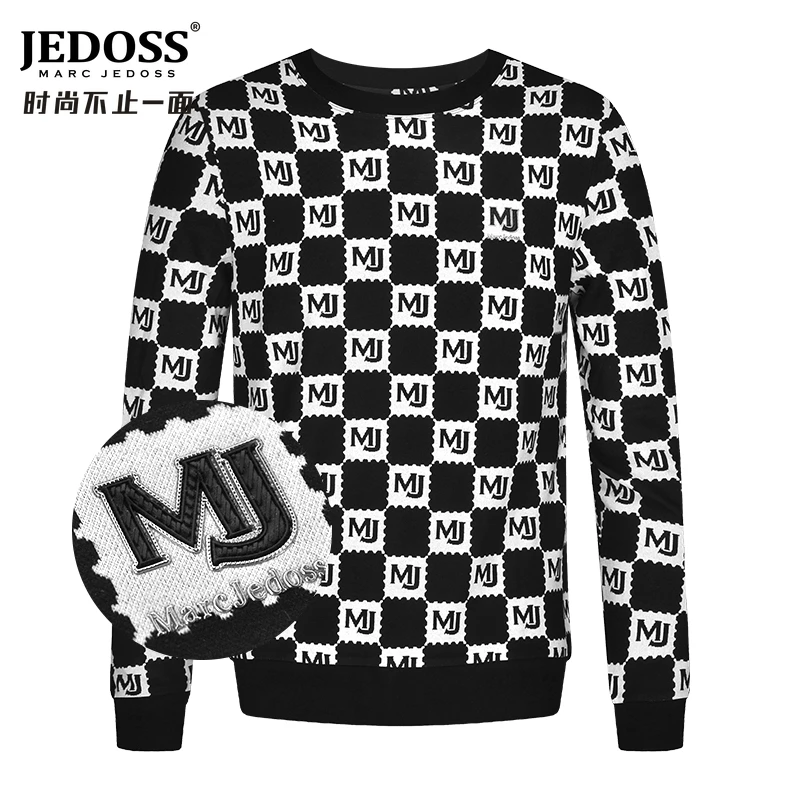 JEDOSS/爵迪斯男士长袖秋冬新款满印格纹立体中厚提花圆领卫衣
