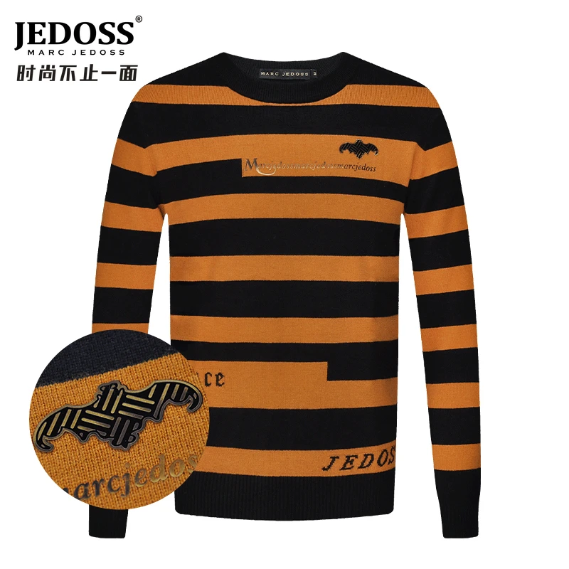 JEDOSS/爵迪斯男士男装秋冬新款LOGO撞色拼接条纹长袖针织衫SL603