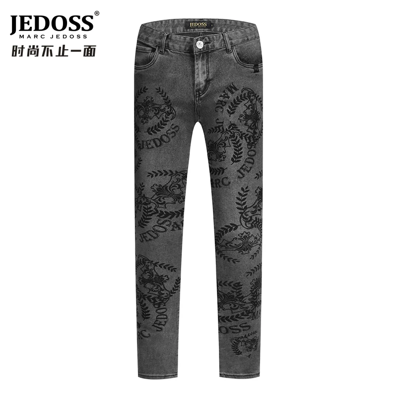 JEDOSS/爵迪斯潮牌款老化满印牛仔裤灰黑色修身男士潮流裤子