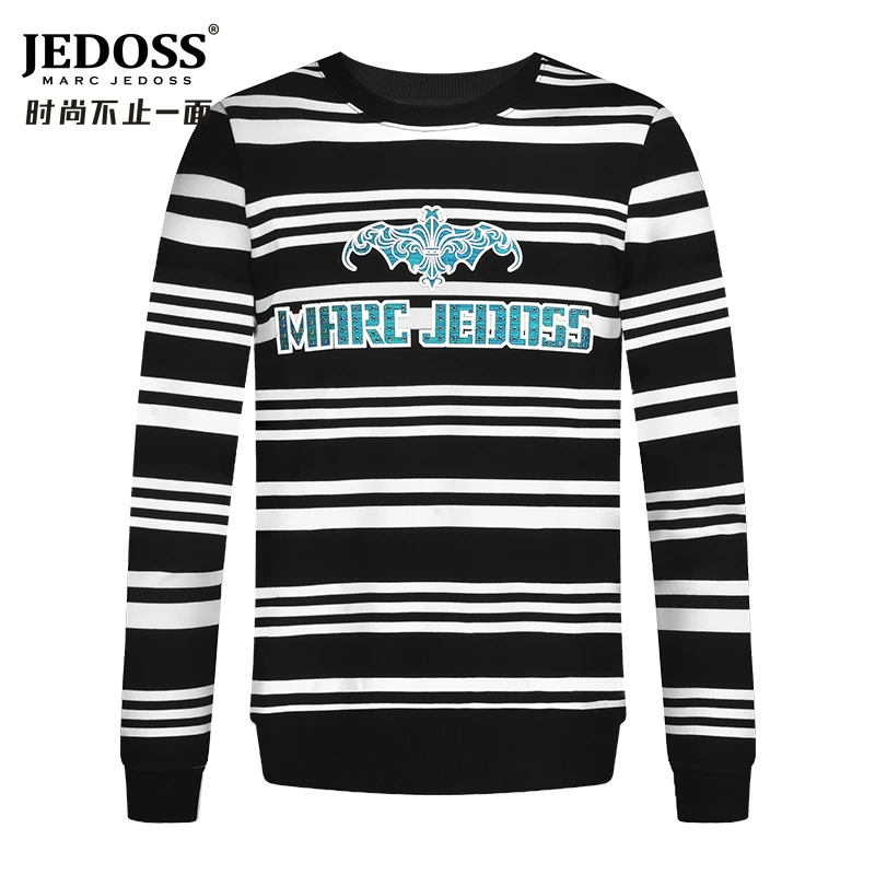 JEDOSS/爵迪斯休闲男装秋冬专柜新款压胶LOGO条纹百搭无帽卫衣032