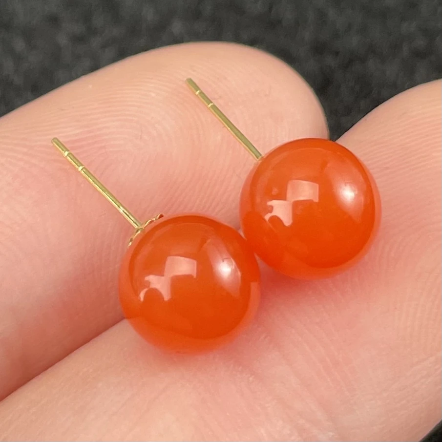 【玉氏珠宝】18k南红樱桃红圆珠耳钉-约7mm 多样性 发一CAN2730035