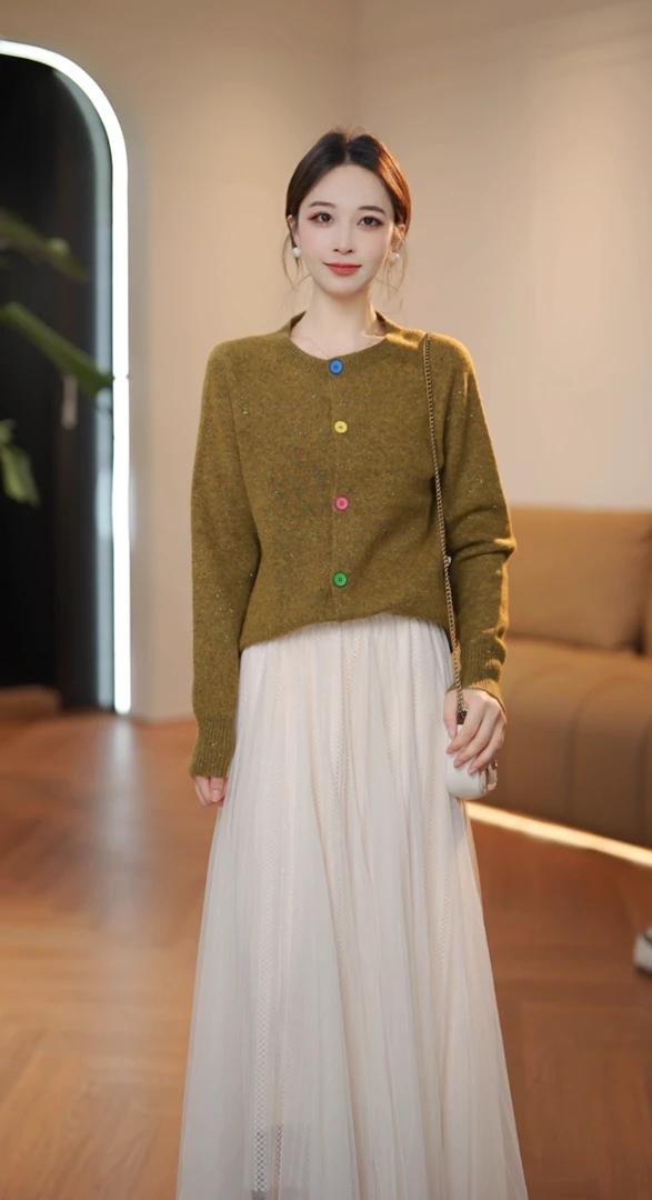 针织开衫七彩丝彩色扣时尚百搭宽松